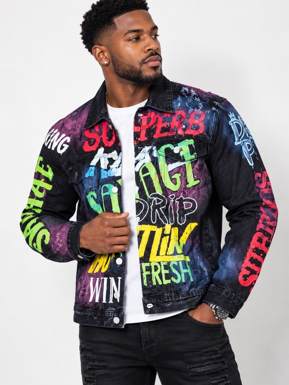 Victorious Los Angeles Men’s Graffiti Denim Jacket Black Multicolor